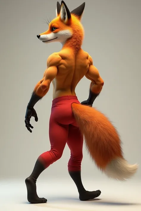 A furry fox walking showing his back wearing tight pants and big attractive buttocks