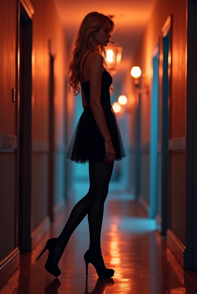 
in a romantic atmosphere
in a large 4-star hotel
in a hallway with lots of bedroom doors
a young blonde girl with long hair with an evening dress
in black tights
with high heels
she is standing and crossing her legs
we can clearly see the legs
her back is...