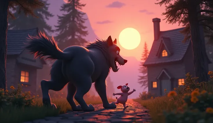  A powerful Disney 3D scene depicting the Big Bad Wolf fleeing into the dark forest under a twilight sky . the wolf, big and menacing,  is in the middle of the path ,  turning his head back with wide and frightened eyes and an expression of defeat as he le...