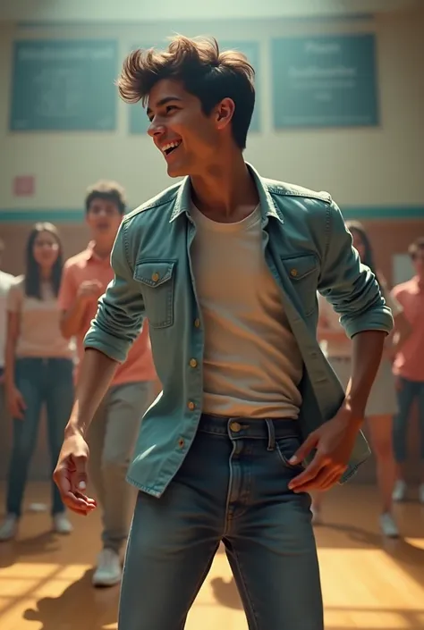 Male high school student in a shirt dancing