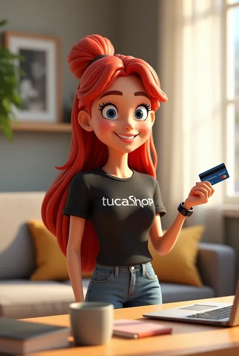  A female 3D cartoon character in a modern home office environment, with long hair, red-haired,  and tied to a bun .  She is wearing a black t-shirt with the TucaShop logo ,  jeans,  and a smart watch on her wrist .  A character is smiling and holding a cr...