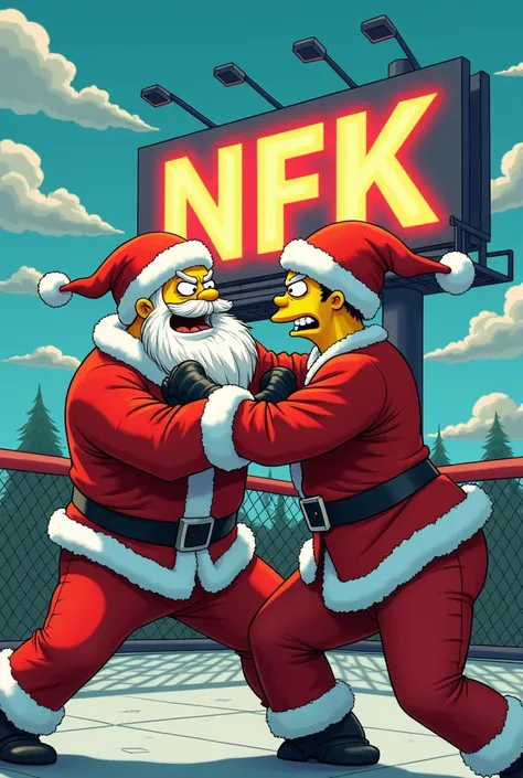 Santa claus in ufc fight with mama santa with billboard in the back saying NFK (simpsons style)
