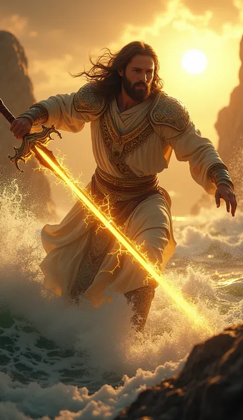 Close-up of Jesus Christ with armor and a sword made of yellow electricity, jumping high from a rocky sea around, realistic image, sun background