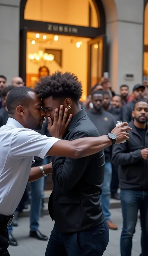 Outside the luxury store, a chaotic scene unfolds as a Black man with short curly hair is forcibly pushed by a white security guard. The guard aggressively sprays pepper spray at him while the man shields his face, visibly in pain and humiliation. A small ...