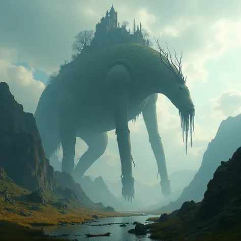 (  A huge colossus with 4 long legs the size of a continent  (90,000 meters in size :1.6)  with a long snout with a bunch of branches with outstretched tentacles on top of the colossus on its back there are trees,  has mountains a huge long neck head bent ...