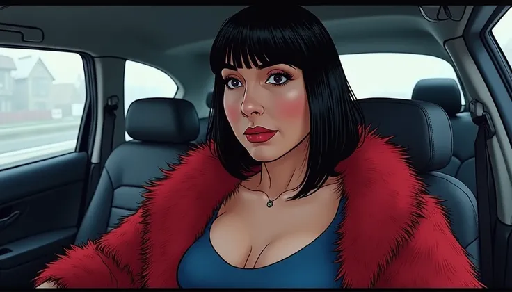  Adult fat woman with very short female hair. The bangs are placed on the right side.  She is wearing a closed blue dress without a neckline .  She has a red fur coat . Woman sitting in the back seat of a car .  She has a red fur coat . 

 Image style - Ma...