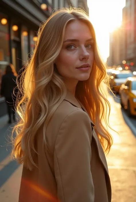 A professional-style photograph of a young woman walking down a lively urban street, captured mid-step as she glances back over her shoulder. The setting is a vibrant cityscape at golden hour, with the warm glow of the setting sun casting long, soft shadow...