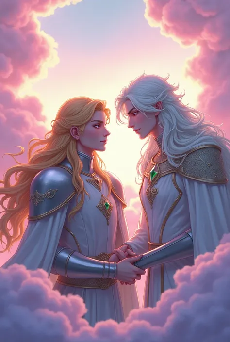 Create an image in anime style, two men. The first is a knight in a silver robe with a beautiful face, his hair is golden. and a prince with a gentle face and white hair, for details, the knight has long golden hair with unique colored eyes like diamonds, ...