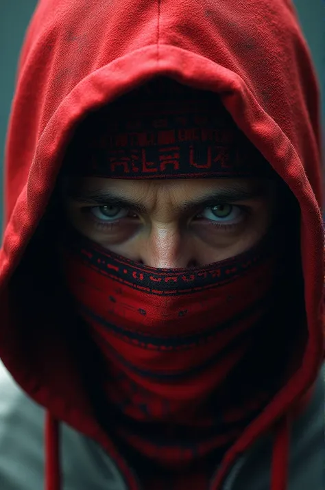 Create me a man with a red and white balaclava who looks aggressively and mom only sees his face
