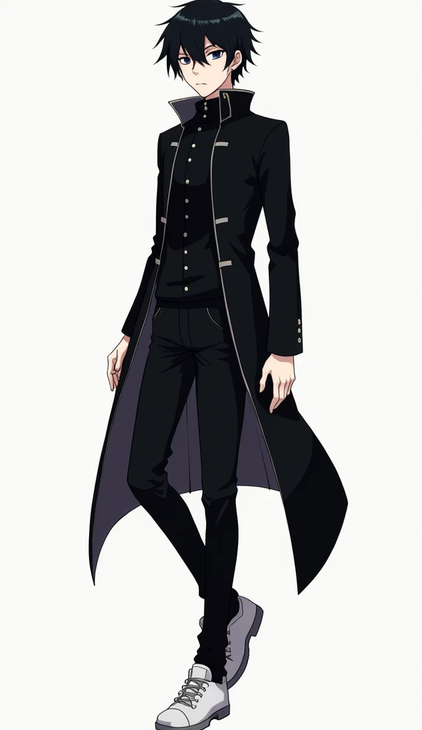 10 Feet Tall anime boy black hair anime boy, Closed mouth, serious, kuudere,  misaki mei man, delgado, black Gakuran Buttoned up uniform collar, Long legs, white sneakers,2D default standing, hands to the sides,as a angel warrior, super suit 