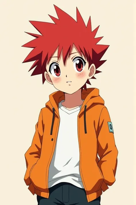 Boy with pointed red hair wearing an orange jacket and white shirt and dark black pants 
Anime style 