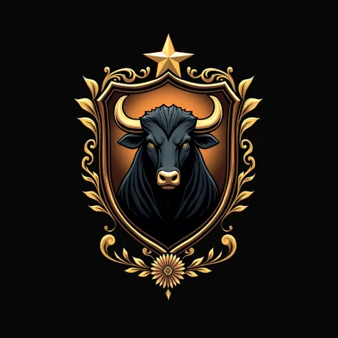 logo a shield depicting a bull, above the bulls head a star, to the right should be a crescent moon and to the left a flower, using black and gold colors