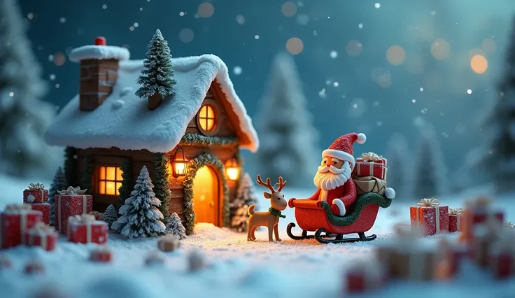 
 It is a super macro shot of Santa Clauss house 、 miniature fairytale-like house and a snowy field with lots of presents piled up,  Detailed Background ,  and features clay figures of little Santa Claus and a reindeer、 Santa Claus is on a sleigh ,(Sleigh ...