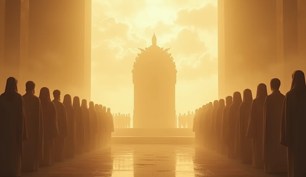  a soft golden light ,  completely silent .  A legion of angels stands still ,  with serious and contemplative expressions ,  while a large empty throne dominates the center of the scene.  The atmosphere transmits tension and expectation . —with 16:9