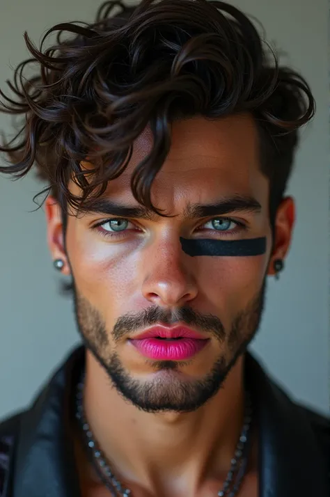 Brunette man with curly but short hair ,  pircieng on his right ear with a short beard and a stripe on his right eyebrow,  pink lips 