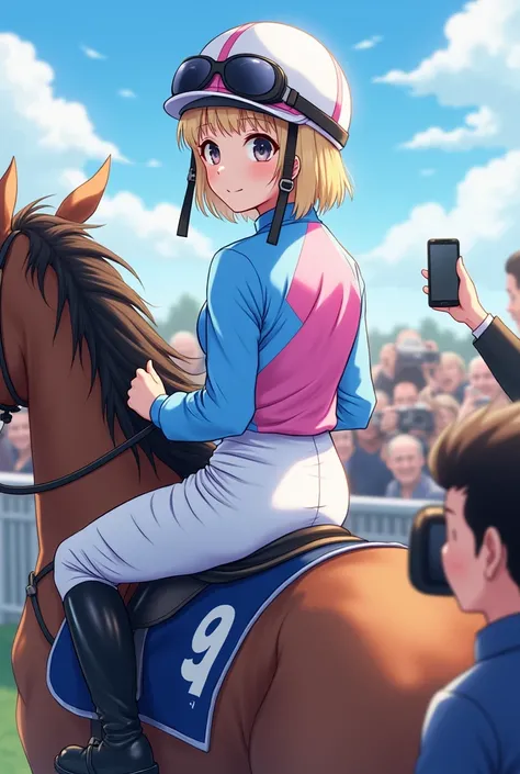  real illustration ,whole body, Surrounded by Multiple Photographers,Ride a race horse,21-year-old Japanese female jockey,japanese,Korean style beauty,Transparency, white skin,Gray Eyes,cute,Idol,Idol, Portraits,Model, short bob from behind,Shiny blonde ha...