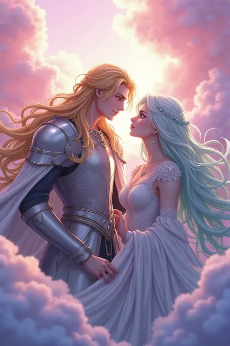 Create an image in anime style, two men. The first is a knight in a silver robe with a beautiful face, his hair is golden. and a prince with a gentle face and white hair, for details, the knight has long golden hair with unique colored eyes like diamonds, ...