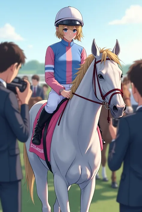  real illustration ,whole body, Surrounded by Multiple Photographers,Ride a race horse,21-year-old Japanese female jockey,japanese,Korean style beauty,Transparency, white skin,Gray Eyes,cute,Idol,Idol, Portraits,Model, short bob from behind,Shiny blonde ha...