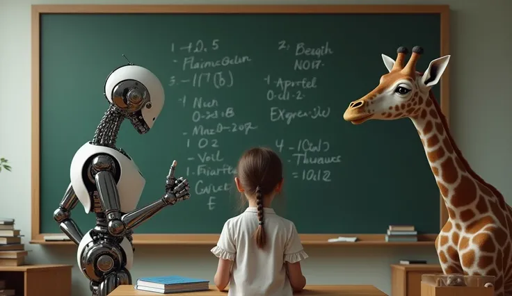 photorealism girl crossing exercises on the blackboard. A robot is approving with thumbs up. A teacher in a human shape but looks like a giraffe is watching and thinking.