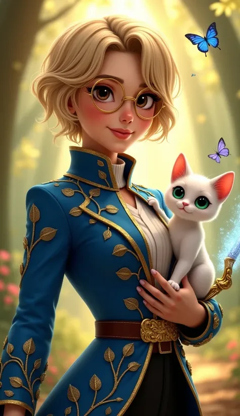 A Disney-inspired portrait of a noble prince reimagined with the unique features of a young woman. She has short, layered blonde hair styled into a neat yet slightly tousled cut, radiating charm. Her deep brown eyes, framed by delicate gold glasses, sparkl...