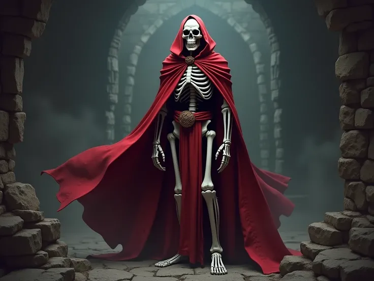 full body of a rpg character: skeleton mage, red cape, dungeon background, high quality, realistic