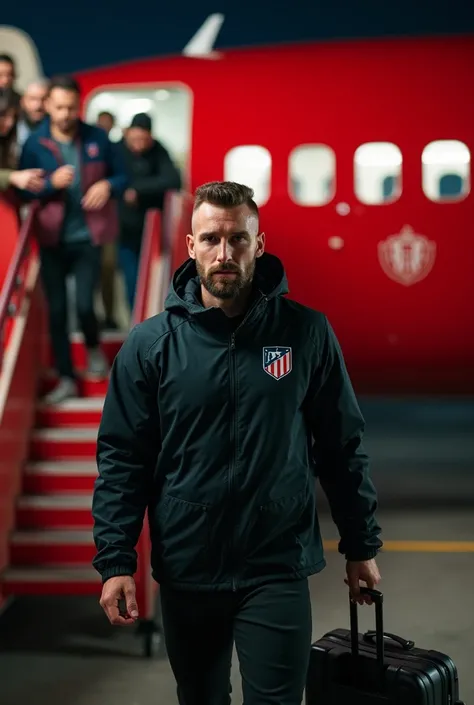  Full body shot of a man with buzzy hair and short beard getting off a red Atlético de Madrid commercial plane  (greeting/signing autographs ),  wears a black waterproof hooded mountain jacket and the Atlético de Madrid logo in small he wears a suitcase wi...