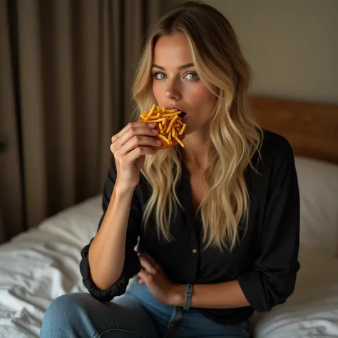 A photorealistic image:  BLONDE WOMAN,  honey-colored eyes , medium long hair ,  golden skin with a thin and defined waist,  In the bedroom eating a harbuger with French fries on the bed , Wearing a black shirt and jeans 