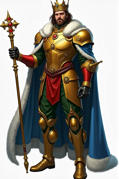 Man King/  medium brown hair /  goatee/ golden crown of king on head/ golden armor /  Gold Bracelets /  red suit underneath the armor /  blue cloak with white fur / green pants / mechanical right legs /  long leather boots with fur /  with a golden cedar w...