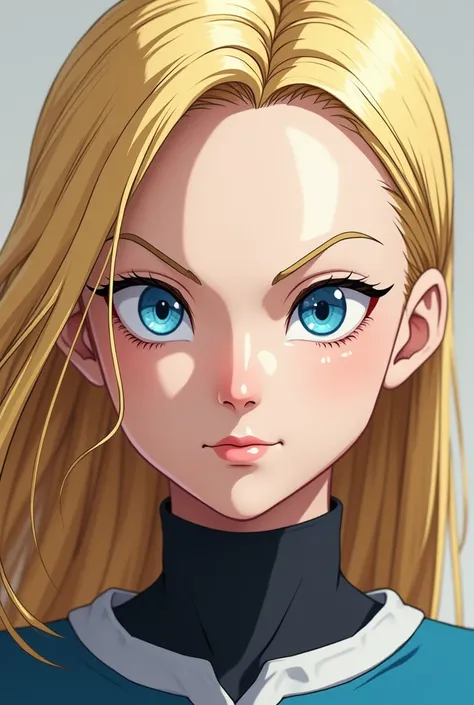 Give me the face of Android 18 from Dragon Ball, head on, ultra realistic, 8K,  well detailed , with all the factions the same as the original