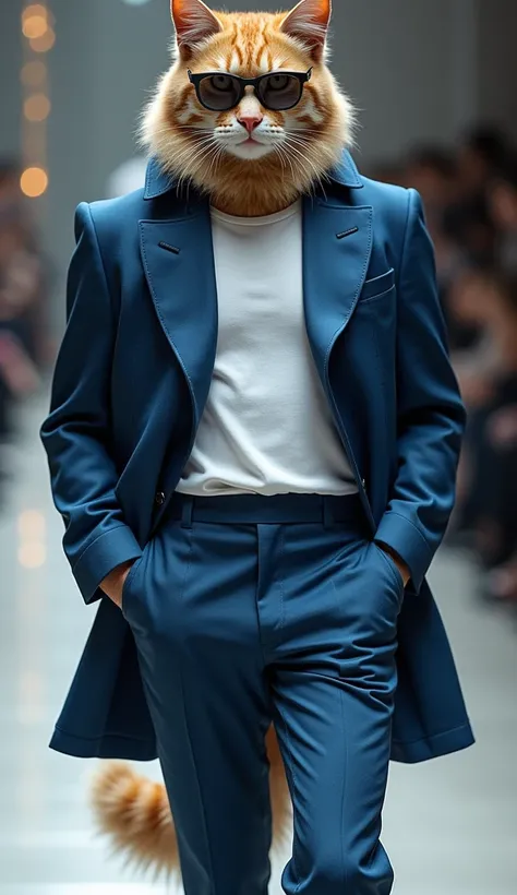 a beautiful male cat his lower body is human male and dressed like fashionable model in fashion show  wear blue pant coat ,t shirt in white with black glasses 