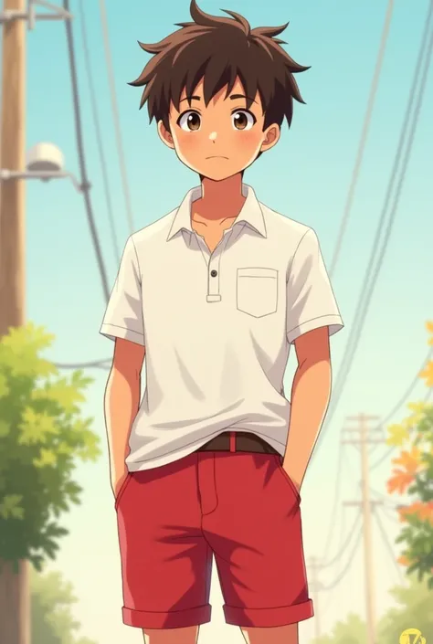  One boy wears red shorts and a short-sleeved white shirt, his shirt is tucked into his pants 