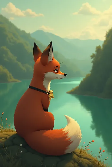 Un renard amoureux, sur une Coline, et il regarde le lac kir de Dijon.
 The hill is higher than the lake, the lake is a bit green.
 The fox is wearing a plush pendant , It is made of smooth gold . C’est le souvenir de son amoureux.
 It is on this hill that...