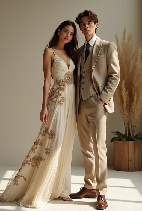  Make a man and a woman with outfits inspired by nature, elegant and chic and modern