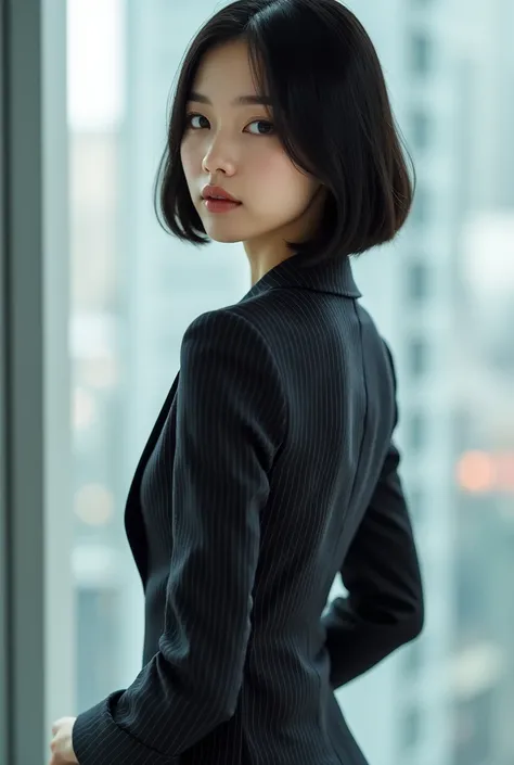  beautiful woman、japanbeauty、 office lady with straight black hair、 striped suit、  Super Precision 、 super high definition 、Big bright eyes,  short bob from behind、Baby Face