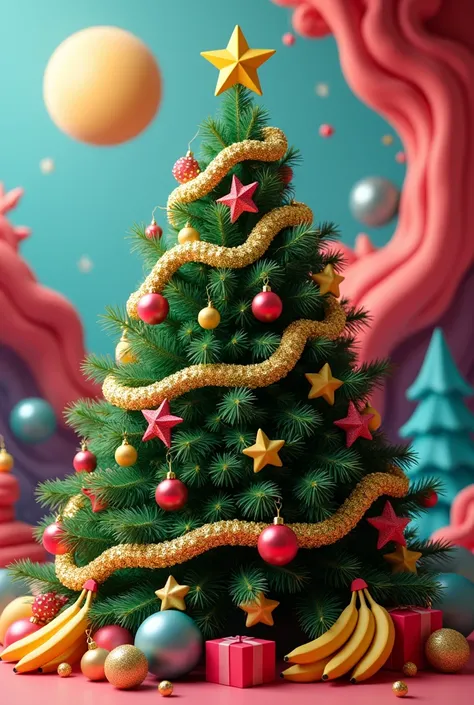 a Christmas tree that has a star garlands and wawas and bananas as tree decoration on a striking background