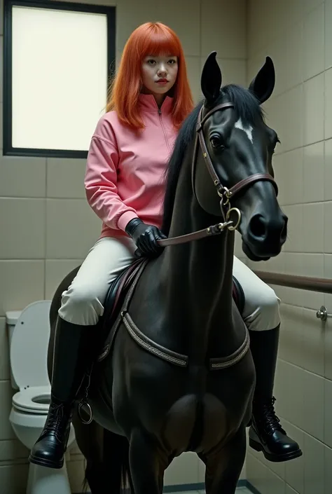 A Japanese woman in her 20s with red hair、 wearing pink long-sleeved gym clothes and long, white gym pants、Im wearing knee-length shiny black rubber boots、Wearing black rubber gloves and holding a whip in the toilet。Riding on a black horse and looking ahea...