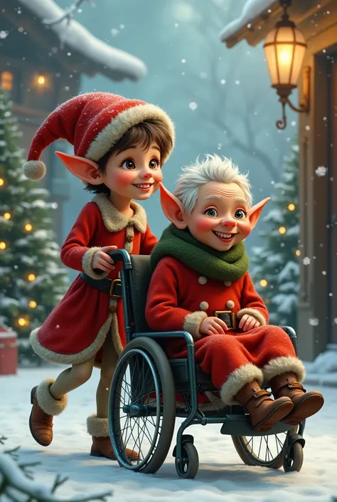 Little Santa Clauss elf pushes a granny elf in a wheelchair