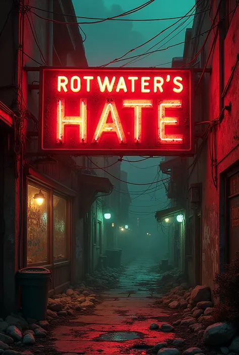 Big neon sign for a shabby and stale bar called Rotwaters HATE. Bar de Malamuerte .