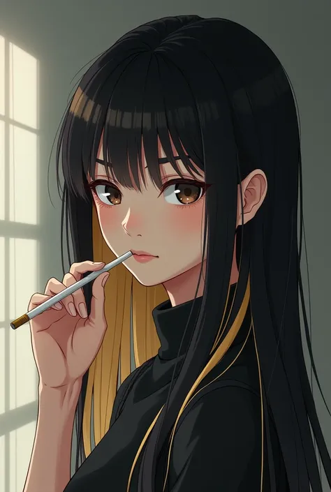 Asian teenager with long and straight hair , dark in color, with blonde locks at the ends .
 Peaceful facial expression ,  but slightly melancholic .
 slightly droopy eyes , with a penetrating gaze.
 Delicate and well-defined features on the face
Are you h...