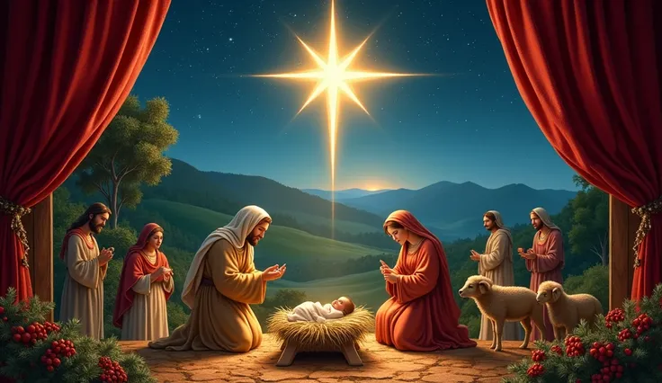 The star of Bethlehem at the birth of Jesus with a red Christmas background