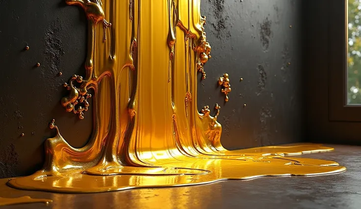 Mesmerizing Gold Spilled Paint, illuminated by soft light, on dark decorative plaster