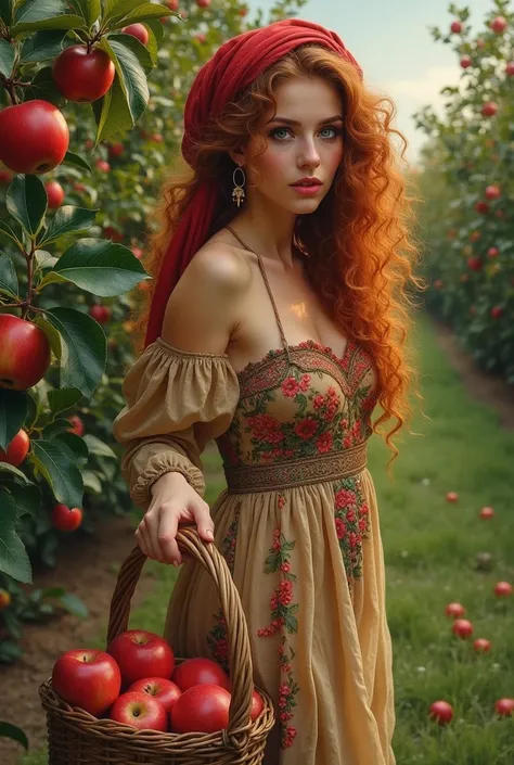 Une belle gitane, aux très longs cheveux bouclés rouge-brun, attachés avec un foulard rouge, vêtue dune robe sexy, cueillant des pommes sur larbre et les mettant dans le panier, elle est pieds nus. L’image est peinte au pastel à l’huile avec des détails ex...