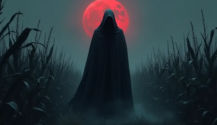 creepy horror black hooded figure standing beside a creepy horror cornfield at moonlight night
