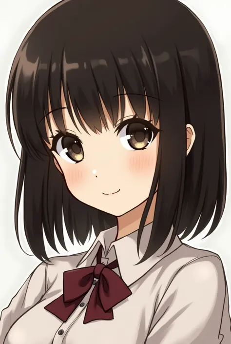 3 Capture of Tokyo Revengers 
Medium-haired dark brown girl with bangs on her right side,  black brown eyes medium yellow skin square type face natural lips and wears elegant small breasted clothes 