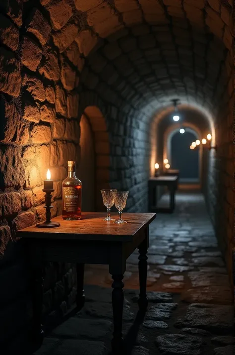 Cellar background with rum tunnels, a table in the center with a bottle and a couple of glasses, realistic image 