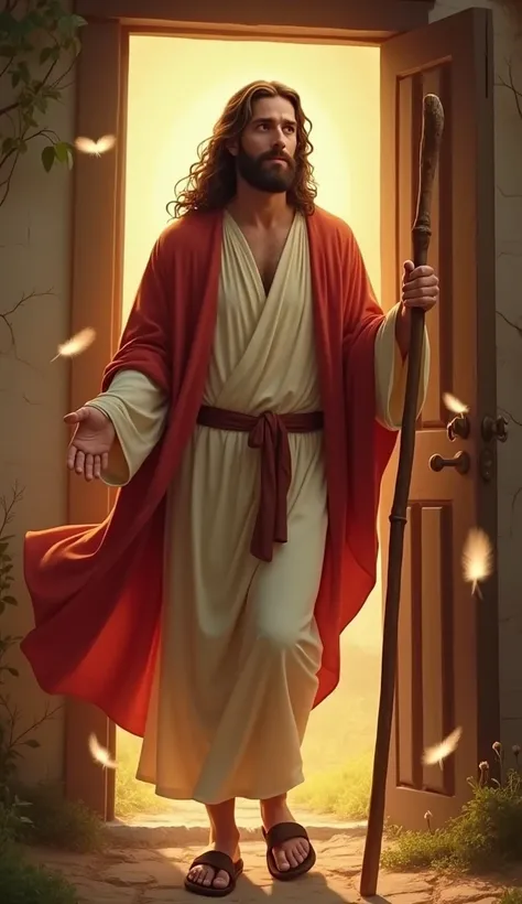 
A sacred and heartwarming scene featuring Jesus Christ, portrayed as a man with long, wavy brown hair and a neatly groomed beard. He is dressed in a cream-colored tunic, accented with a flowing red mantle draped over his shoulders, symbolizing his compass...