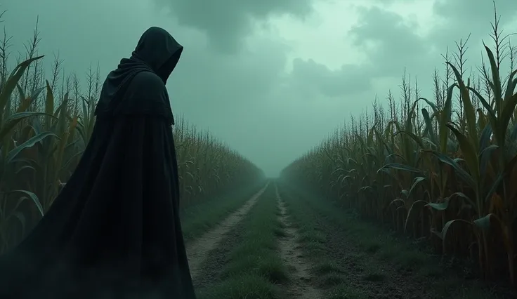 creepy horror black hooded figure standing beside a creepy horror cornfield 
