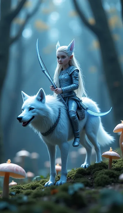 A macro photograph of a tiny elven huntress adorned in silver-blue armor etched with lunar symbols, riding a spectral wolf with fur shimmering in moonlight. The huntress holds a bow crafted from crescent moonlight and strung with a glowing silver thread. T...