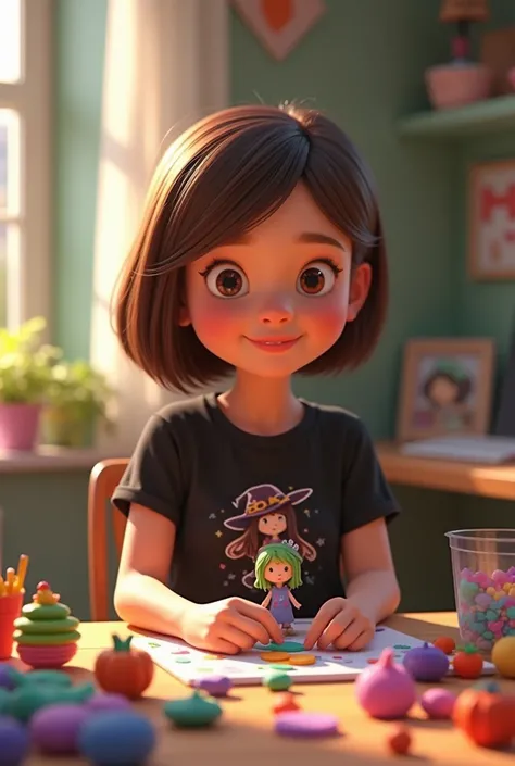 Pixar styled , A woman test dark ,  brown hair cut smooth hair,  brown eyes,  round face half colored little black t-shirt with anime drawing smiling sitting at a desk making a little witch out of plasticine, On the desk there are masses of plasticine duri...