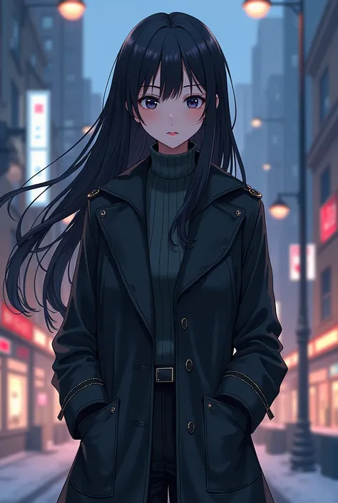 Anime adult woman long black hair black eyes wearing semi-winter clothes against a background in a city 